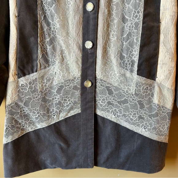 Chicos Size 1 Medium Silver Treasure Artisan Duster Jacket Velvet Lace Blazer - Picture 3 of 15